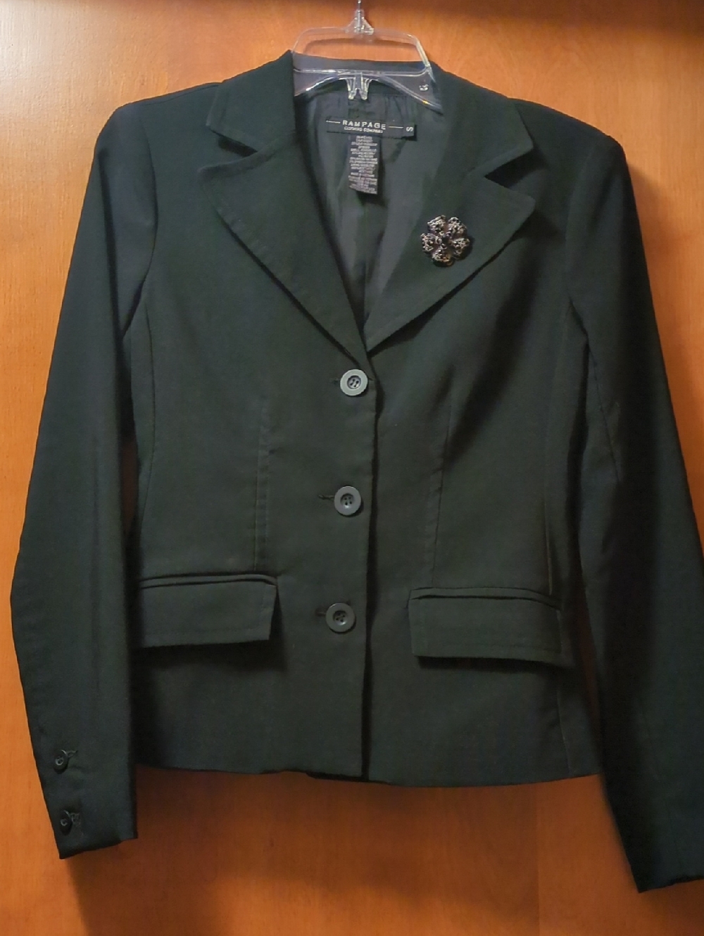 Rampage Black Women's Tailored Blazer with Decorative Brooch